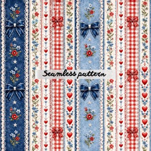 Pode incluir: Um padrão sem costuras com riscas verticais de texturas de ganga azul escura e clara, xadrez vichy vermelho e branco e bordas de renda creme. O design inclui motivos repetidos de corações vermelhos, laços azuis e pequenas flores.