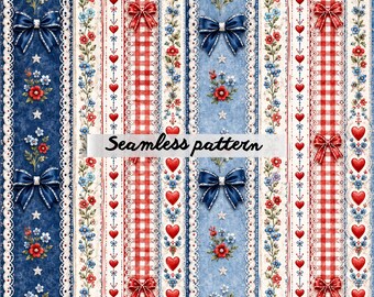 Motivo senza cuciture Patriotic Coquette PNG, carta digitale Americana Lace Stripe, stampa su tessuto con fiocco rosso bianco blu JPG