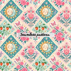 Può includere: Un motivo senza cuciture con un design ripetuto di un sole e una luna sorridenti, rose rosa, fragole, farfalle ed elementi floreali. Il testo "Seamless pattern" è visualizzato sull'immagine.