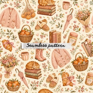 May include: A seamless pattern featuring illustrations of pink cardigans, orange cats on books, wicker baskets of oranges, bouquets of flowers, pink umbrellas, peanut butter jars, croissants, and slippers on a cream background with floral accents.