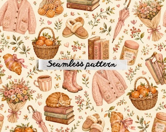 Gemütliches, nahtloses Herbst-Cottagecore-Muster (JPG), Vintage-Herbstmotiv mit Katze und Büchern (Wiederholung), verspieltes, gemütliches Lifestyle-Design