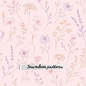 Pode incluir: Um padrão sem costuras apresentando ilustrações de linhas delicadas de várias flores silvestres em tons de roxo, rosa e laranja, sobre um fundo rosa claro sólido. Uma faixa horizontal branca com o texto Seamless pattern está centralizada.