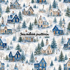 Pode incluir: Um padrão sem costura com uma cena de vila de inverno com casas cobertas de neve, árvores e o texto "Seamless pattern". As casas são pintadas em tons de azul, branco e bege, com iluminação interior quente.