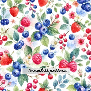 Akvarell bär sömlöst mönster, jordgubb blåbär hallon blommig, sommarfrukt botanisk digitalt papper JPG