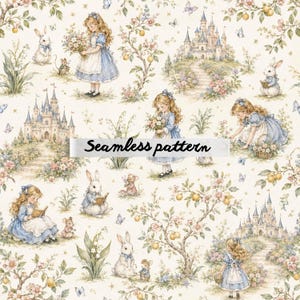 Puede incluir: Un patrón continuo con ilustraciones de una niña con vestido azul, conejos blancos, ratones pequeños y castillos entre árboles en flor y vegetación. El diseño incluye mariposas y elementos florales sobre un fondo de color crema.