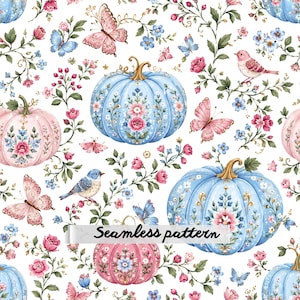 Peut inclure: Un motif répétitif composé de citrouilles bleu clair et roses ornées de motifs floraux, entremêlées de papillons, de petits oiseaux et de tiges feuillues avec des baies rouges et des fleurs sur fond blanc, avec le texte Seamless pattern.