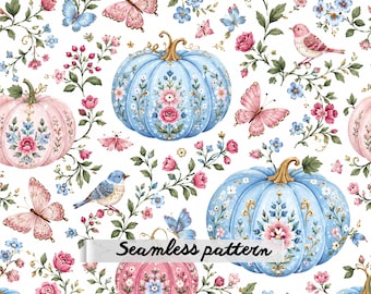 Nahtloses Vintage-Kürbis-Blumenmuster (JPG), rosa-blauer Herbststoff, Cottagecore-Digitalpapierkachel