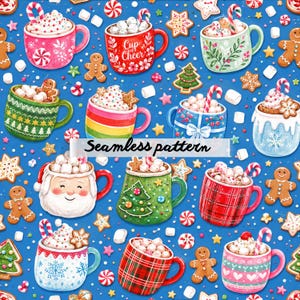 Può includere: Un motivo continuo con varie tazze colorate riempite di cioccolata calda, marshmallow e bastoncini di zucchero, intervallate da biscotti di pan di zenzero, piccoli alberi di Natale e biscotti a forma di stella su sfondo blu.