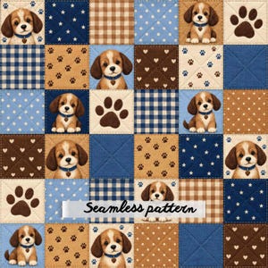 May include: A quilted fabric pattern featuring a grid of squares with illustrations of brown and white puppies wearing blue collars, brown paw prints, blue and white stars, blue and white polka dots, and brown and white gingham checks.