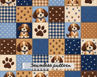Rustic Puppy Patchwork Seamless Pattern, Blue Brown Gingham Paw Prints Stars Hearts Country Quilt Digital Paper JPG