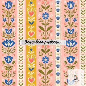 Pode incluir: Padrão sem costura com listras verticais em rosa, dourado e branco. O design apresenta flores azuis estilizadas, corações e folhas. O texto "Seamless pattern" é exibido na imagem.