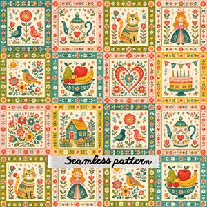 Scandinavian Folk Art Patchwork Seamless Pattern, Whimsical Floral Quilt Blocks, Birds, Cats, Cottage Homes & Storybook Fabric Design