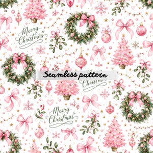 Pode incluir: Um padrão sem costura com elementos natalinos em rosa e verde sobre um fundo branco. O design inclui árvores de Natal rosas, grinaldas, laços, enfeites, flocos de neve e o texto "Merry Christmas". Estrelas douradas e luzes adicionam detalhes festivos.