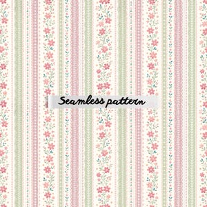 Pode incluir: Um padrão sem costura com listras verticais em rosa, verde e branco. O design inclui elementos florais e rendados, com o texto "Seamless pattern" no centro.
