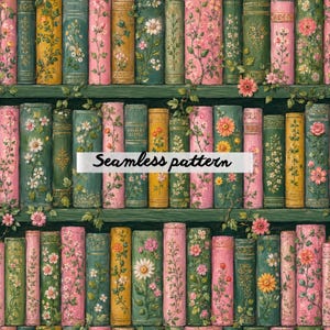 Pode incluir: Padrão contínuo com uma coleção de livros vintage com desenhos florais. Os livros são em tons de rosa, verde e amarelo, com detalhes intrincados de flores e vinhas. O texto "Seamless pattern" é exibido.