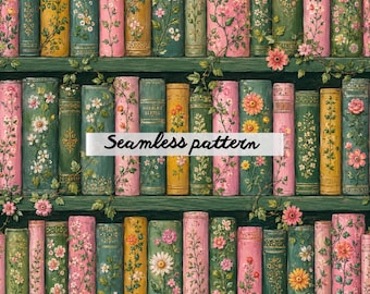 Cottagecore Bookshelf Pattern | Seamless Pink Flowers & Books | DigitalDownload.