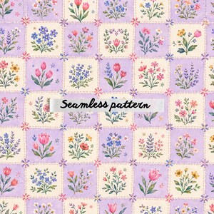 Puede incluir: Un patrón floral sin costuras con un diseño repetitivo. Cada cuadrado presenta una disposición única de flores en tonos rosas, morados, amarillos y azules. El texto "Seamless pattern" se muestra en la imagen.