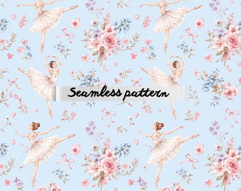Pastel Ballet Dancer Seamless Pattern, Romantic Floral Bow Print, Coquette Nursery Fabric Design JPG