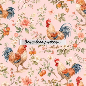 Pode incluir: Padrão sem costura com galos em aquarela, flores e frutas em um fundo rosa. Os galos têm cristas vermelhas, penas laranja e marrons e penas da cauda azuis. O texto "Seamless pattern" é exibido na imagem.