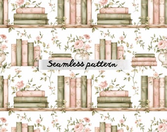 Motivo floreale senza soluzione di continuità per libreria, carta digitale vintage shabby chic con rose e libri, stampa pastello da biblioteca, design romantico per tessuti in stile cottagecore