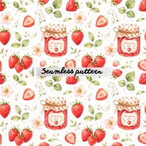 Op de afbeelding: Een naadloos patroon met aquarel illustraties van aardbeien, jam potten, bladeren en bloemen op een witte achtergrond. De tekst "Seamless pattern" staat in een banner over de afbeelding.