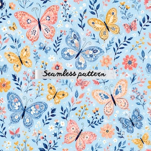 May include: A seamless pattern featuring a light blue background with various butterflies in shades of pink, yellow, and blue, interspersed with small flowers and dark blue leafy sprigs. The text Seamless pattern is centered on the image.