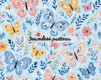 Butterfly Garden Seamless Pattern JPG Pastel Folk Butterflies Floral Meadow Repeat