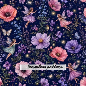 Betoverende Middernachtelijke Wilde Bloemen Feeën Naadloos Patroon JPG Aquarel Fantasie Bloemenstof Digitaal Papier Quilten Print