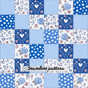 Pode incluir: Um design de patchwork com uma grade de quadrados em tons de azul e branco. Os padrões incluem bolinhas brancas sobre azul, ramos florais azuis sobre branco, cachos de hortênsias azuis e corações brancos emoldurados por folhas azuis.