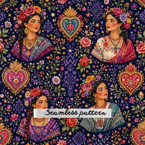 Bohemian Floral Women & Sacred Hearts Seamless Pattern JPG | Folk Art Botanical Digital Paper | Mexican Textile Repeat