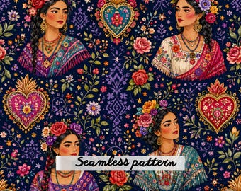 Bohemian Floral Women & Sacred Hearts Seamless Pattern JPG | Folk Art Botanical Digital Paper | Mexican Textile Repeat