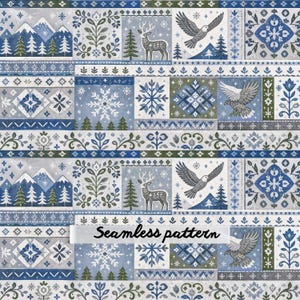 Op de afbeelding: Een naadloos patroon met een herhalend raster van blauwe, witte en groene illustraties, waaronder besneeuwde bergen, dennenbomen, herten, adelaars, sneeuwvlokken en bloemmotieven. De tekst Seamless pattern is in het zwart in het midden gedrukt.