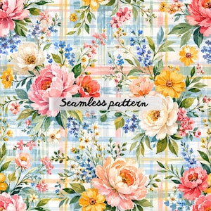 Pode incluir: Um padrão sem costuras com um design floral em estilo aguarela com flores cor-de-rosa, brancas e amarelas, folhas verdes e caules azuis sobre um fundo axadrezado azul-claro e amarelo. O texto Seamless pattern está centrado.