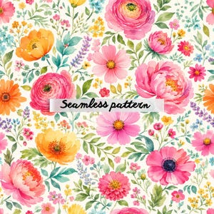 Pode incluir: Um padrão sem costuras apresentando uma ilustração em aguarela de várias flores, incluindo peónias cor-de-rosa, papoilas cor de laranja e flores amarelas com folhas verdes num fundo creme. O texto Seamless pattern está centrado.