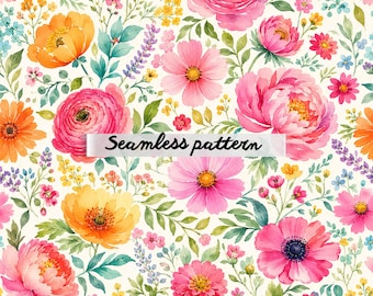 May include: A seamless pattern featuring a watercolor illustration of various flowers including pink peonies, orange poppies, and yellow blossoms with green leaves on a cream background. The text Seamless pattern is centered in the image.