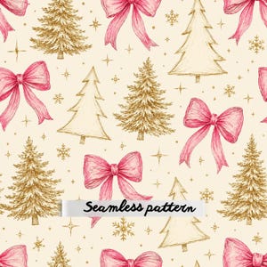 Pode incluir: Um padrão contínuo com ilustrações desenhadas à mão de laços cor-de-rosa e árvores de Natal douradas num fundo creme. O design inclui pequenos flocos de neve e estrelas douradas espalhados. O texto Seamless pattern é visível.