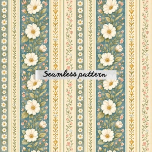 Pode incluir: Um padrão sem costuras com riscas verticais em creme e azul-petróleo. As riscas azul-petróleo contêm flores brancas com folhas verdes, enquanto as riscas creme apresentam delicadas vinhas florais douradas e cor-de-rosa. O texto Seamless pattern está centrado.