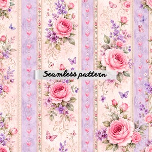 Pode incluir: Um padrão sem costura com listras verticais, apresentando rosas cor-de-rosa, lavanda roxa e borboletas. O design inclui corações cor-de-rosa e o texto "Seamless pattern" em uma faixa branca.