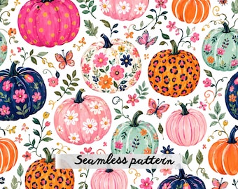 Pink Floral Pumpkin Seamless Pattern JPG, Colorful Fall Harvest Digital Paper, Folk Art Autumn Fabric Design