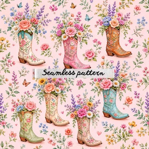 May include: A seamless pattern on a light pink background featuring various cowboy boots in colors like white, pink, orange, blue, and green. Each boot is filled with colorful floral arrangements of roses, daisies, and lavender, with small butterflies.