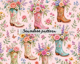 Stivali da cowgirl con motivo floreale senza cuciture, stivali western con fiori ripetuti, tessuto botanico vintage in stile cottagecore JPG