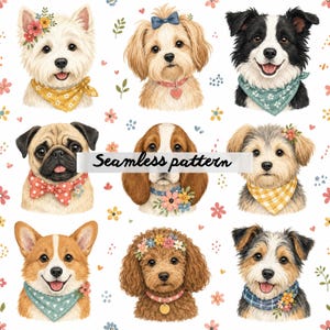 Pode incluir: Um padrão contínuo com nove retratos de cães ilustrados sobre um fundo branco. Os cães usam vários acessórios como bandanas, laços e coroas de flores. Pequenas flores e corações estão espalhados entre as cabeças dos cães.