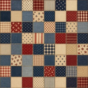 May include: A patchwork quilt fabric featuring a grid of square textile blocks in red, navy blue, and cream. The pattern includes various designs such as small floral prints, gingham checks, thin stripes, and white stars on a dark blue background.