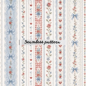 Patriotic Coquette Seamless Pattern PNG, Americana Lace Stripe Digital Paper, Red White Blue Bow Fabric Print JPG