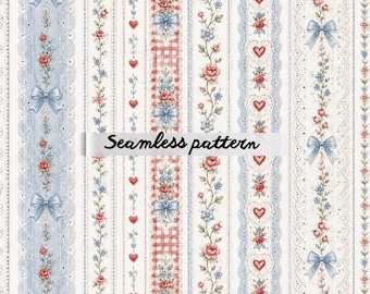 Motivo senza cuciture Patriotic Coquette PNG, carta digitale Americana Lace Stripe, stampa su tessuto con fiocco rosso bianco blu JPG