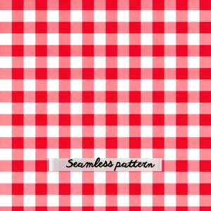 May include: A repeating grid of bright red and white squares forming a classic gingham check design. A horizontal white rectangular banner is overlaid across the lower section, featuring the black text Seamless pattern printed in a cursive font.