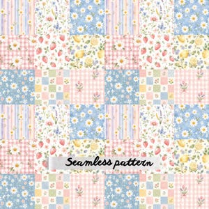 May include: A seamless pattern featuring a grid of squares with various designs including white daisies on blue, pink and white gingham, pastel vertical stripes, strawberries, lemons, and small floral bouquets. The text Seamless pattern is centered.
