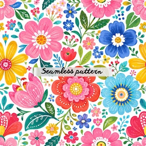 May include: A seamless pattern featuring a vibrant floral design on a white background. The illustration includes various flowers in shades of pink, red, yellow, and blue, accompanied by green leaves and stems. The text Seamless pattern is centered.