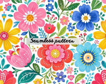 Farbenfrohes, nahtloses skandinavisches Blumenmuster, leuchtendes botanisches Blumenmotiv, Retro-Volkskunst-Stoff, Sommergarten-Tapete (JPG)