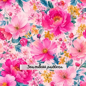 Può includere: Un motivo senza cuciture che presenta una disposizione densa di peonie rosa acceso, cosmee rosa chiaro e piccoli fiori di campo gialli con foglie verde ottanio scuro su uno sfondo rosa pallido. Il testo Seamless pattern è centrato.